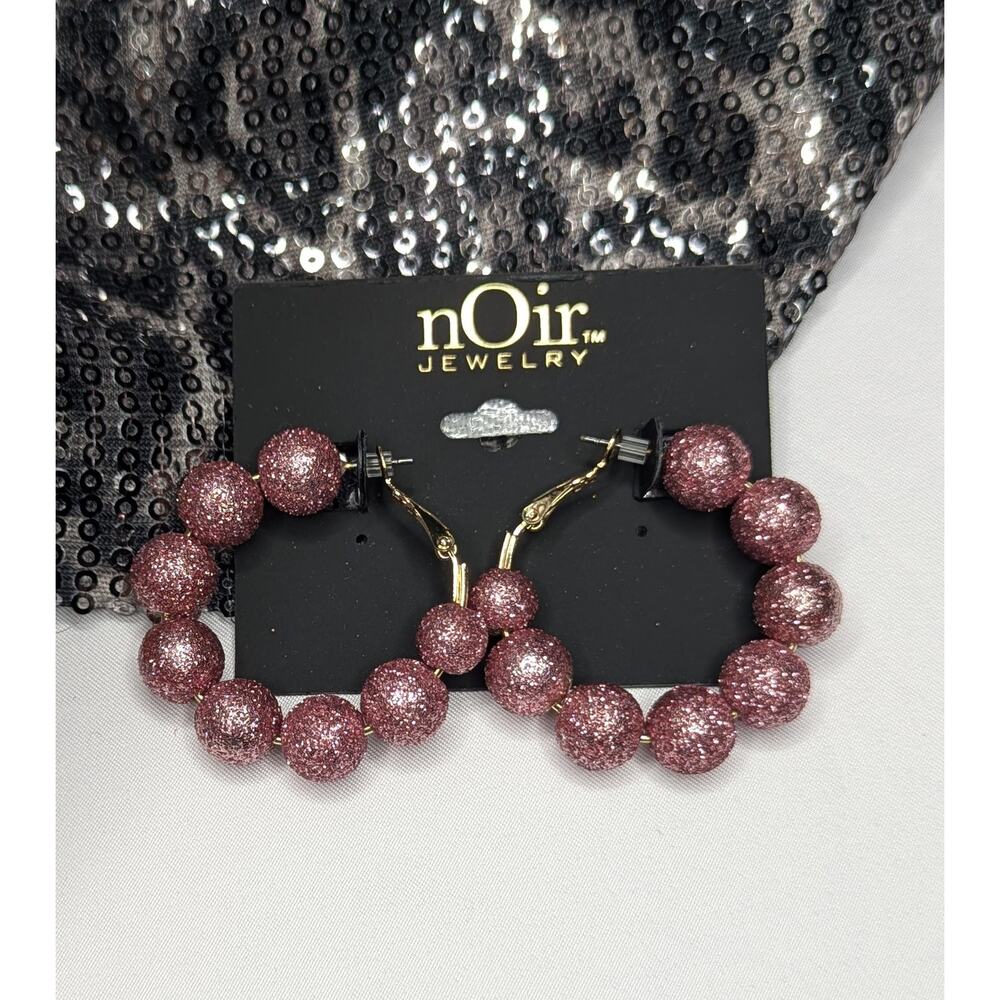 nOir Sparkly Pink Bead Hoop Earrings